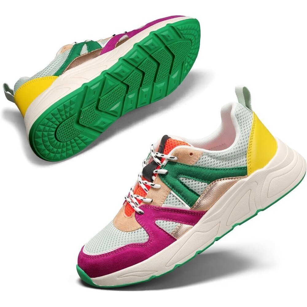 Brand New Women Fuchsia/Green Polyurethane Chunky Fashion Sneakers Leopard
